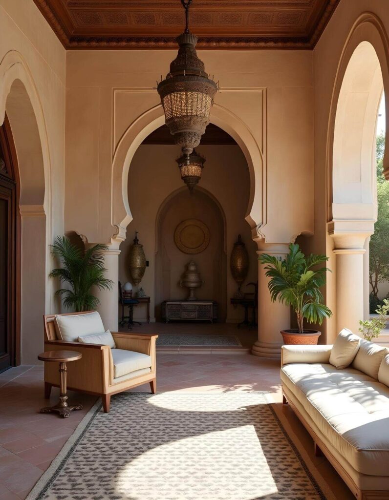 Elegant Moroccan interior design with arched doorways, ornate lanterns, and comfortable seating that creates a welcoming, sun-drenched space.