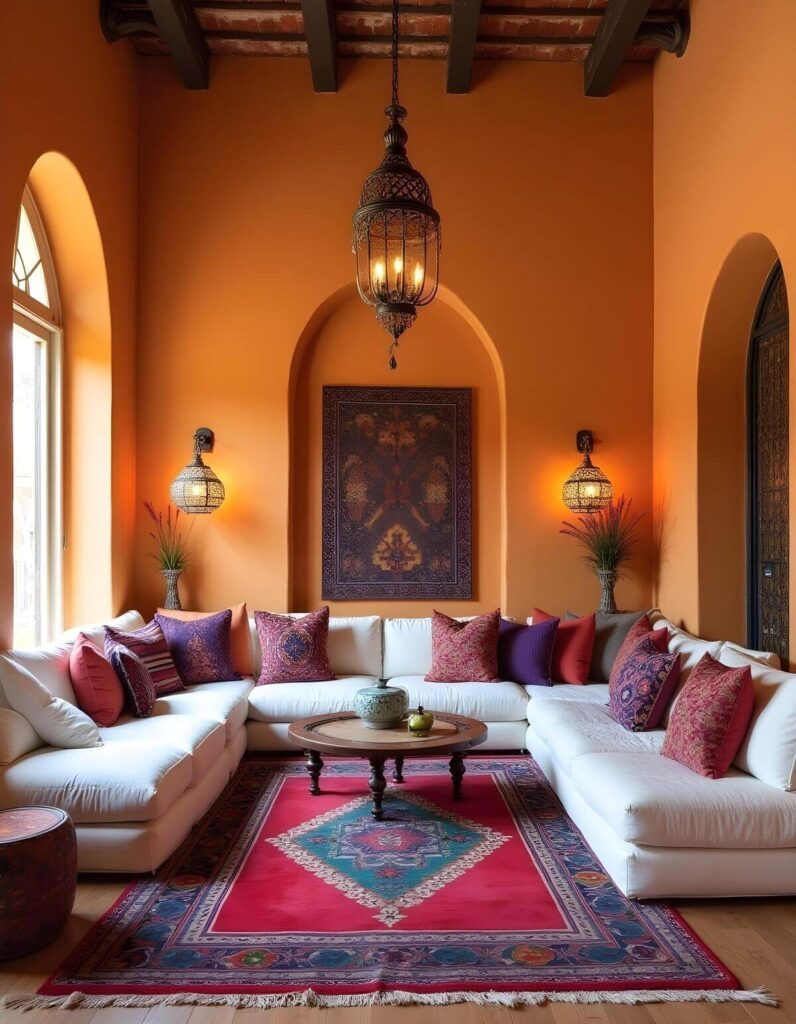 A living room showcasing Moroccan interior design elements, featuring a low white sectional couch adorned with colorful throw pillows in shades of purple, red, and maroon, set against warm orange walls. A vibrant red rug with intricate blue and green patterns centers the space, underneath a round wooden coffee table topped with decorative objects. A detailed metal lantern hangs from the ceiling, complementing sconces on the walls. Arched doorways and a framed tapestry add to the Moroccan aesthetic.