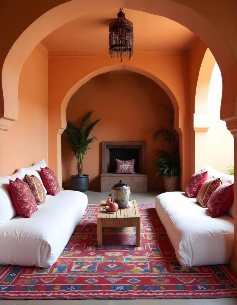A cozy, sunlit room with an orange cast features two white sofas adorned with vibrant red and gold patterned pillows, facing each other across a colorful patterned rug. A rustic wooden coffee table sits between the sofas, holding a decorative urn and ceramic fruits. Arched doorways and a niche containing a non-working fireplace add architectural interest, while potted plants bring a touch of nature indoors.