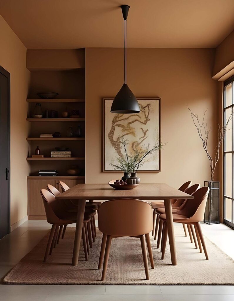 A warm, inviting contemporary African dining room with earth-toned decor and natural light. A modern black metal lamp hangs from the ceiling and a decor shelf is in the background along with earthy wall art.