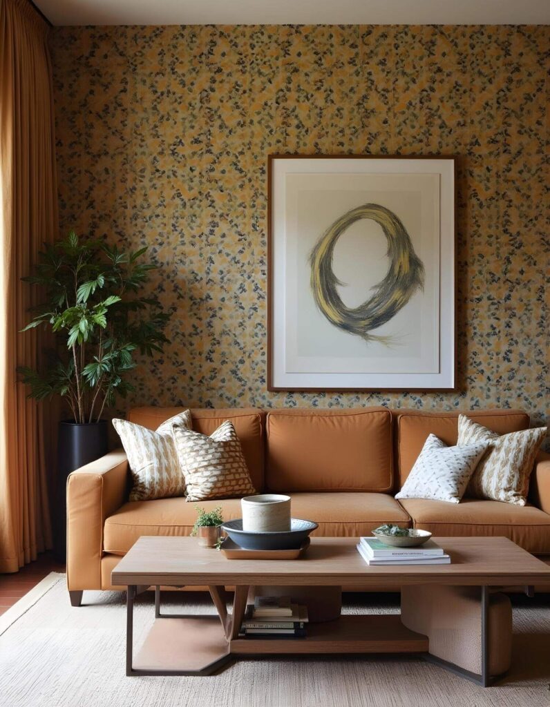 This image showcases a stylish and inviting living room interior. The focal point is a textured wall with an abstract pattern, complemented by a neatly framed artwork. The room exudes a cozy, sophisticated, and artistic vibe.