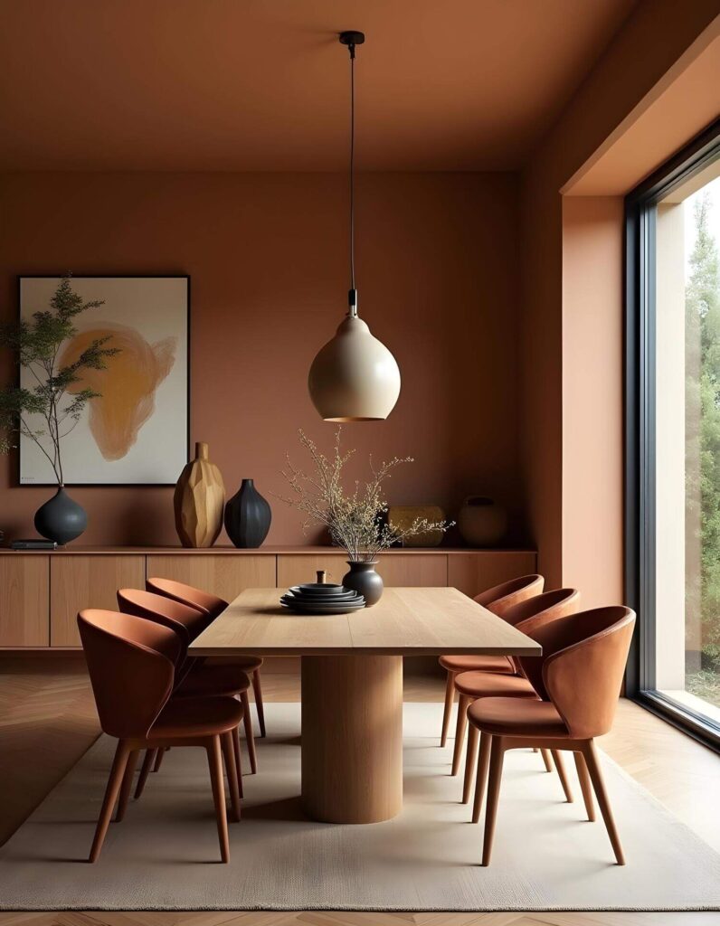 A contemporary African dining room with a minimalist wooden table and six rust-colored chairs on a light rug. Soft lighting from a pendant lamp creates a warm, inviting atmosphere.