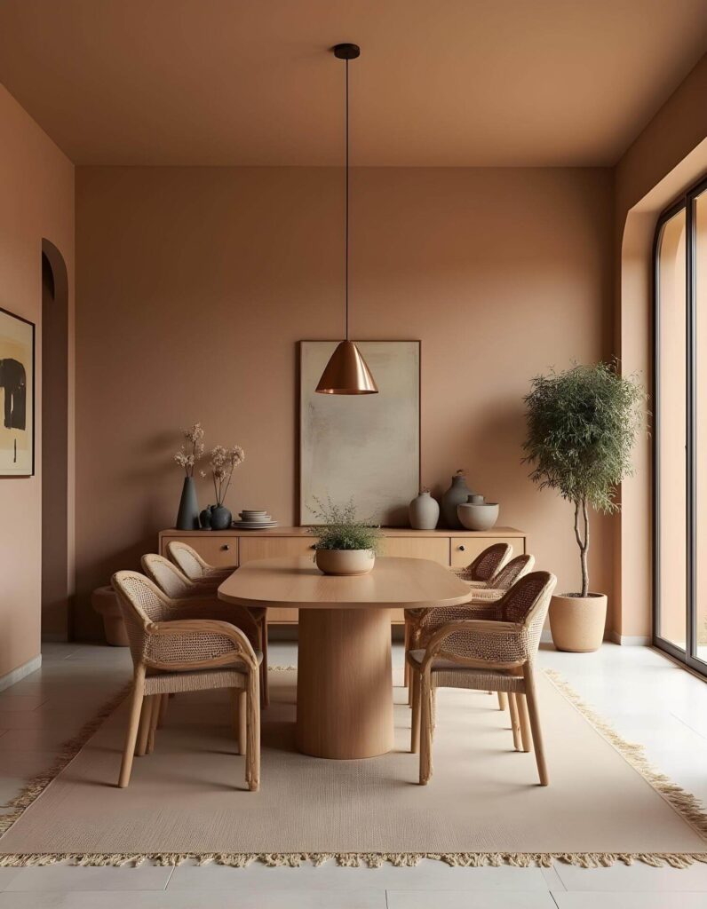 Cozy contemporary African dining room with earthy tones, features a wooden table and four rattan chairs. A pendant light hangs above, and a potted plant adds greenery. Modern, serene atmosphere.