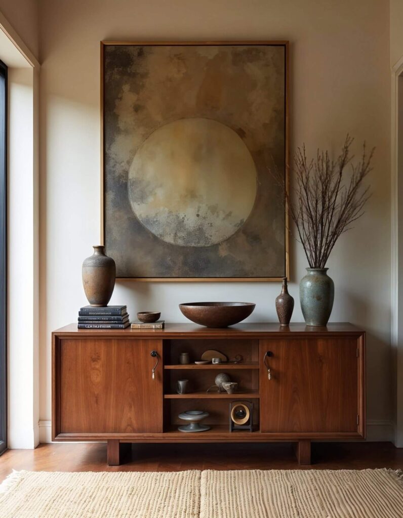 Mid-century modern vignette with a wooden sideboard, pottery, abstract circular artwork, and dried branches. Earthy tones create a calm, stylish ambiance.