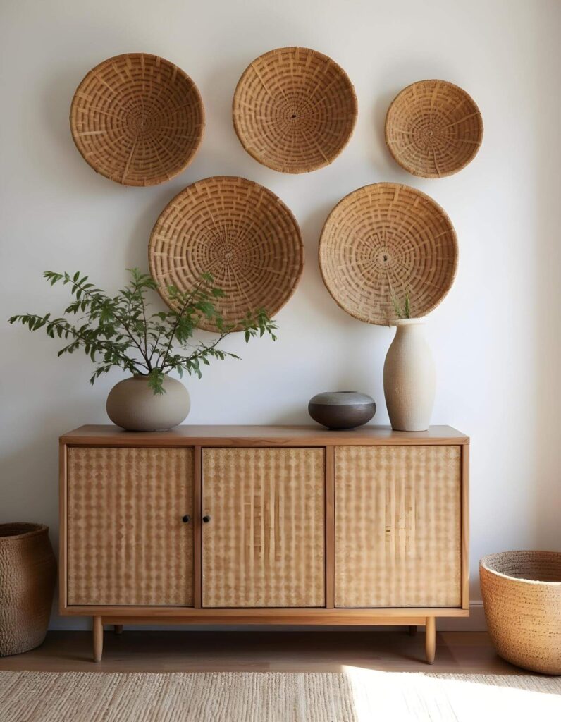 Simple living room wall design - minimalist vignette showcasing a wall adorned with decorative woven baskets. A wooden credenza with simple accessories sits below the basket arrangement. The room has a natural, organic feel.