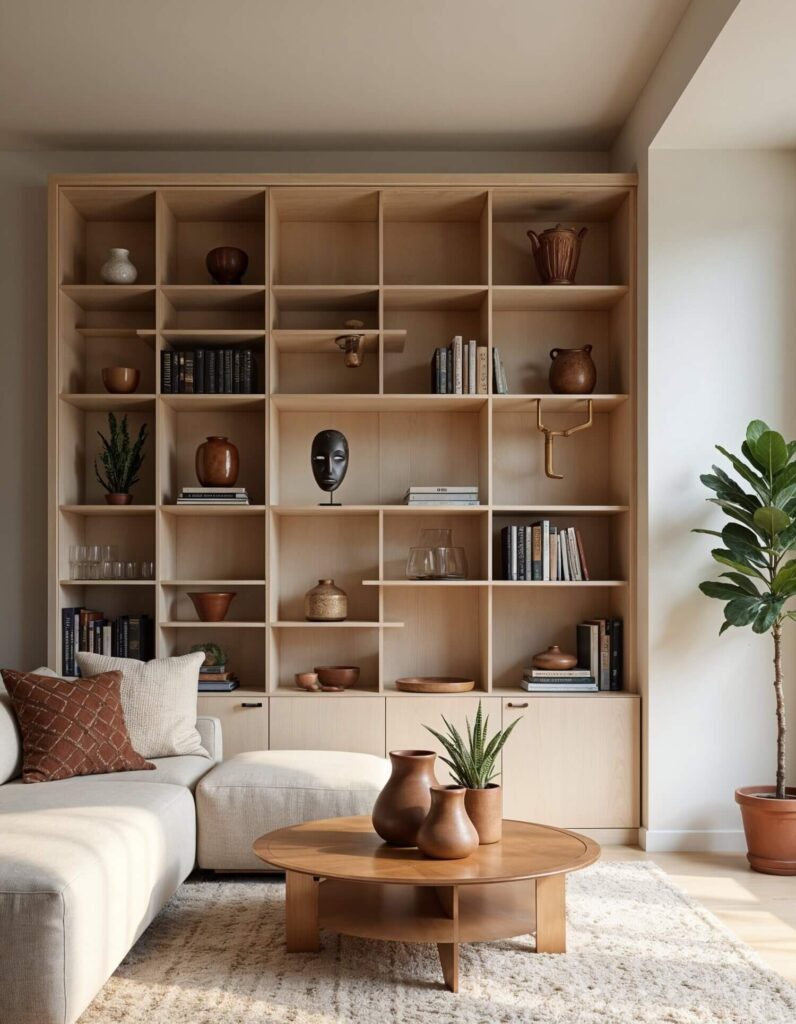 The image showcases a bright and inviting African living room space with a focus on a large, custom-built bookshelf. The overall mood is calm, organized, and stylishly minimalist.
