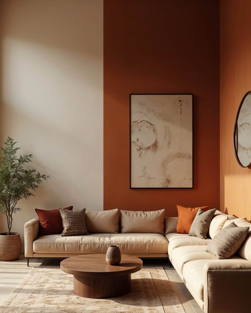 This image presents a cozy and modern African living room featuring a striking color-blocked wall design. The overall atmosphere is contemporary and artistically curated.