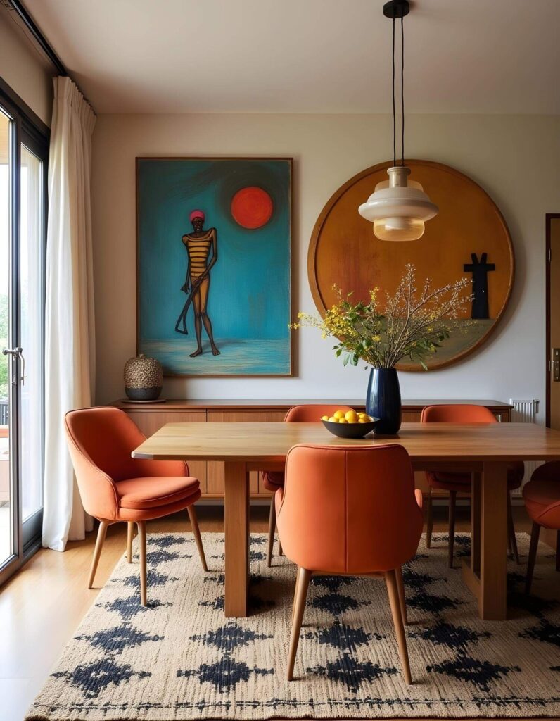 Contemporary West African dining room with orange chairs around a wooden table, illuminated by a hanging light. Art on walls, vibrant colors, with a vase of flowers and a bowl of lemons adding freshness.