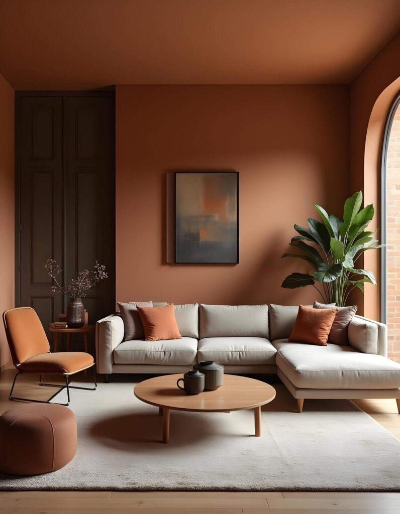 A modern living room interior with simple living room wall design is presented with a unified color scheme and minimalist decor. The dominant hue is terracotta color, creating a warm and inviting space.