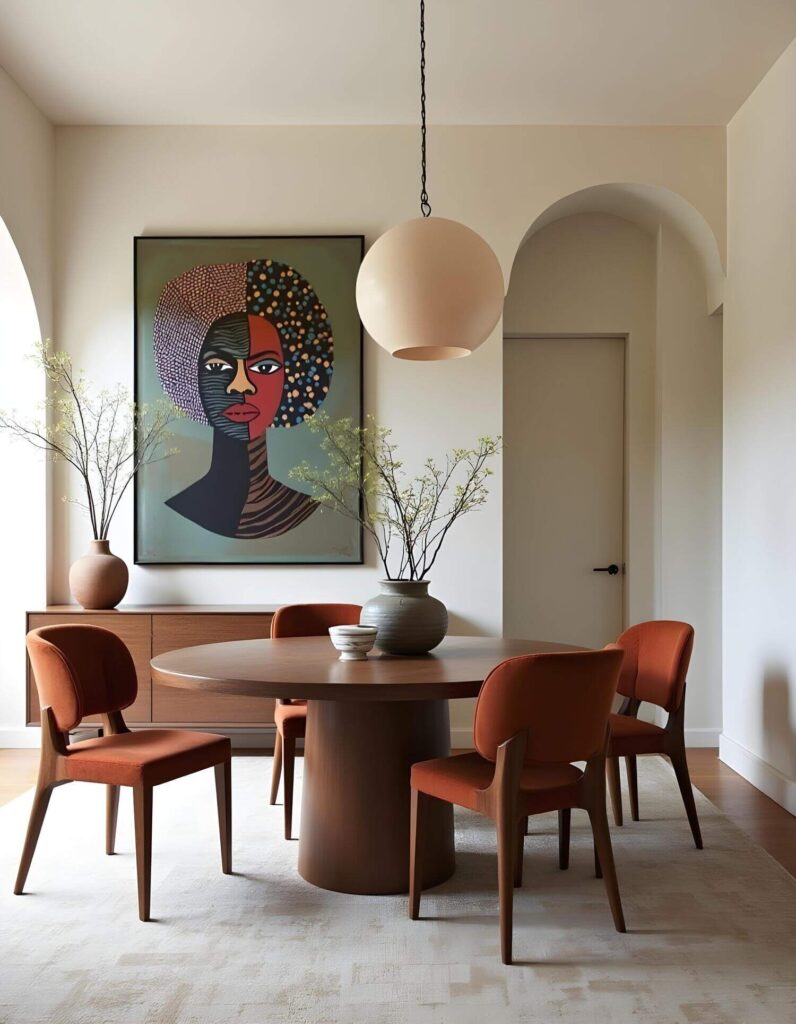 A modern dining room with a round wooden table, surrounded by four orange chairs. A large, artistic portrait hangs on the wall. Soft lighting and neutral tones create a serene atmosphere.