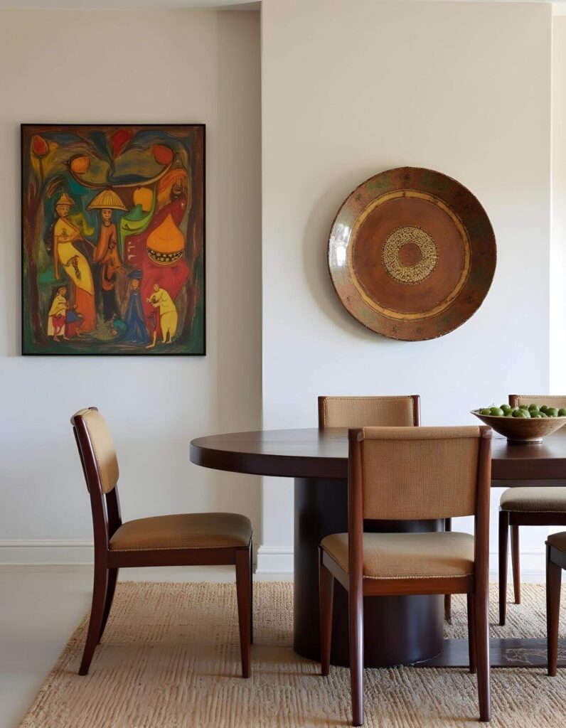 A cozy African dining room features a dark wooden table with tan chairs on a textured rug. A vibrant painting and a large decorative plate adorn the beige wall.