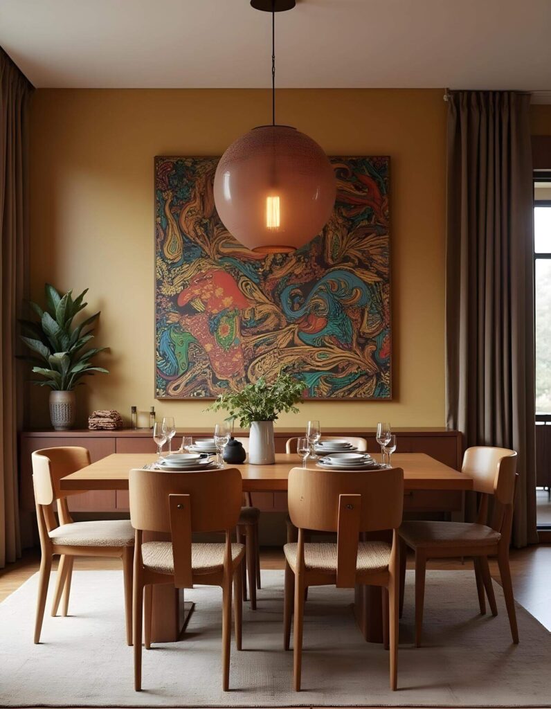 Warm dining room with a wooden table set for six, featuring elegant tableware. A large abstract painting and a round pendant light add artistic flair.