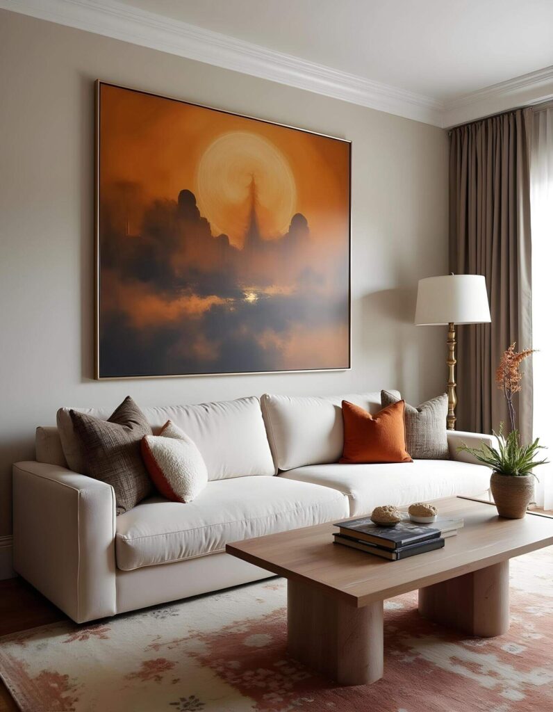 A luxurious living room is captured, featuring a prominent vibrant artwork as its focal point. The room is styled with modern furniture and a neutral color palette.