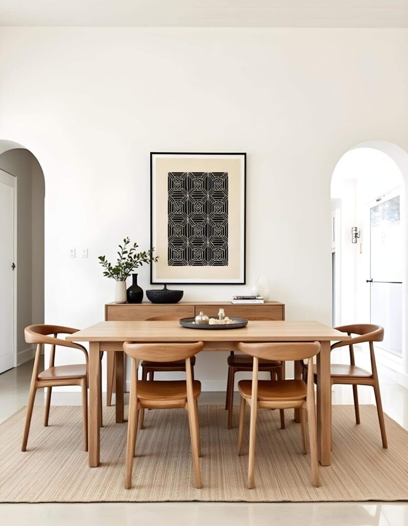 Stylish contemporary African dining room with a wooden table and six matching chairs on a beige rug. Minimalist decor includes geometric art and vases, creating a serene ambiance.