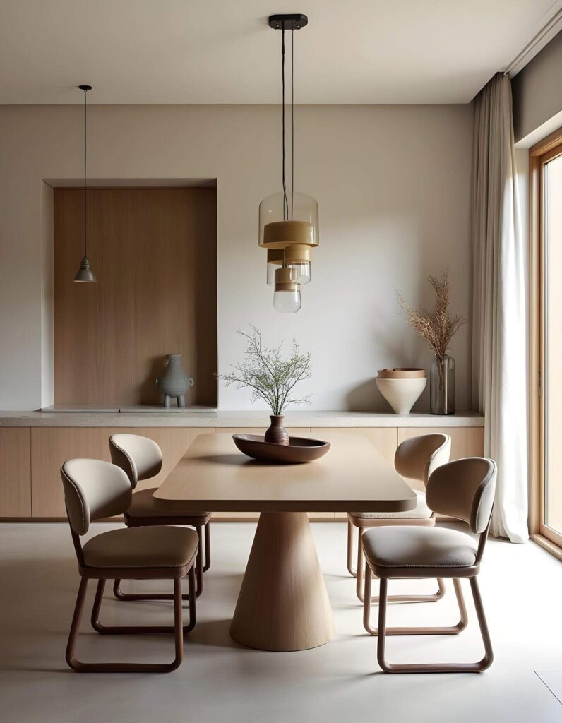 Elegant dining room with a minimalist wooden table and six cushioned chairs. Soft natural light flows through large windows, creating a serene ambiance.
