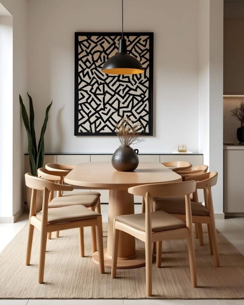 A modern dining room with a round wooden table surrounded by five chairs on a beige rug. A black pendant light hangs above, with abstract art on the wall.