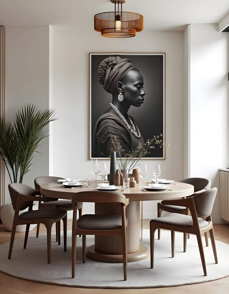 Contemporary African dining room with a round wooden table set for six, surrounded by chairs. A large, elegant portrait of a woman adorns the wall, adding sophistication.