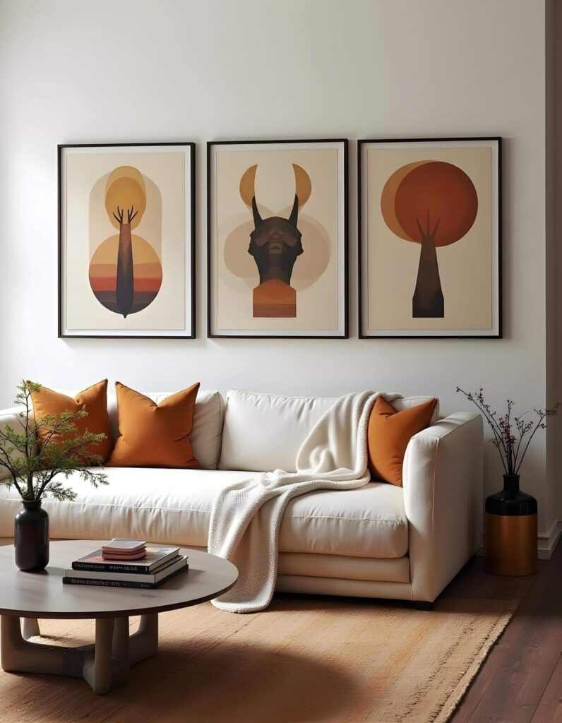 A simple living room wall design is showcased, featuring matching artwork on the wall. The space exudes stylish simplicity with neutral tones punctuated by burnt orange details.