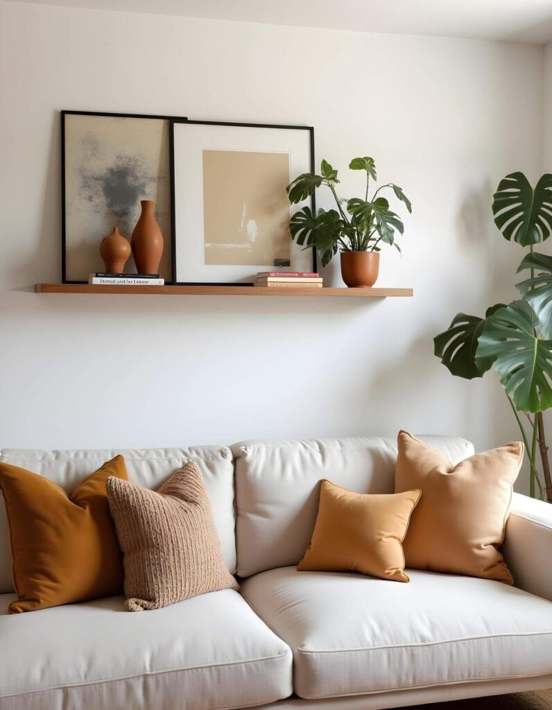 This pictures emphasizes a minimalist living room corner with a focus on natural elements. The setting promotes a serene and understated elegance through its simple decor and green plants.