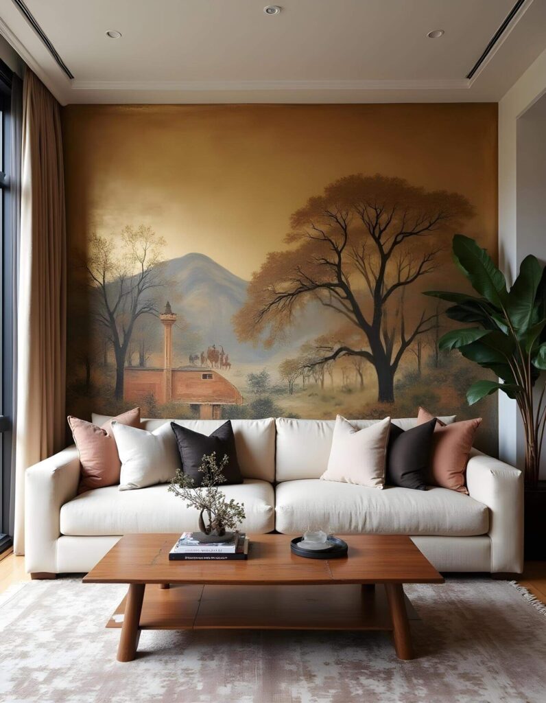 The image depicts a cozy and elegant living room featuring a large mural as the focal point. It is simple living room wall design at its best. The main features are a modern sofa, a wooden coffee table, and a landscape mural that dominates the back wall. The setting is a well-lit, contemporary home, conveying a mood of refined comfort and tranquility