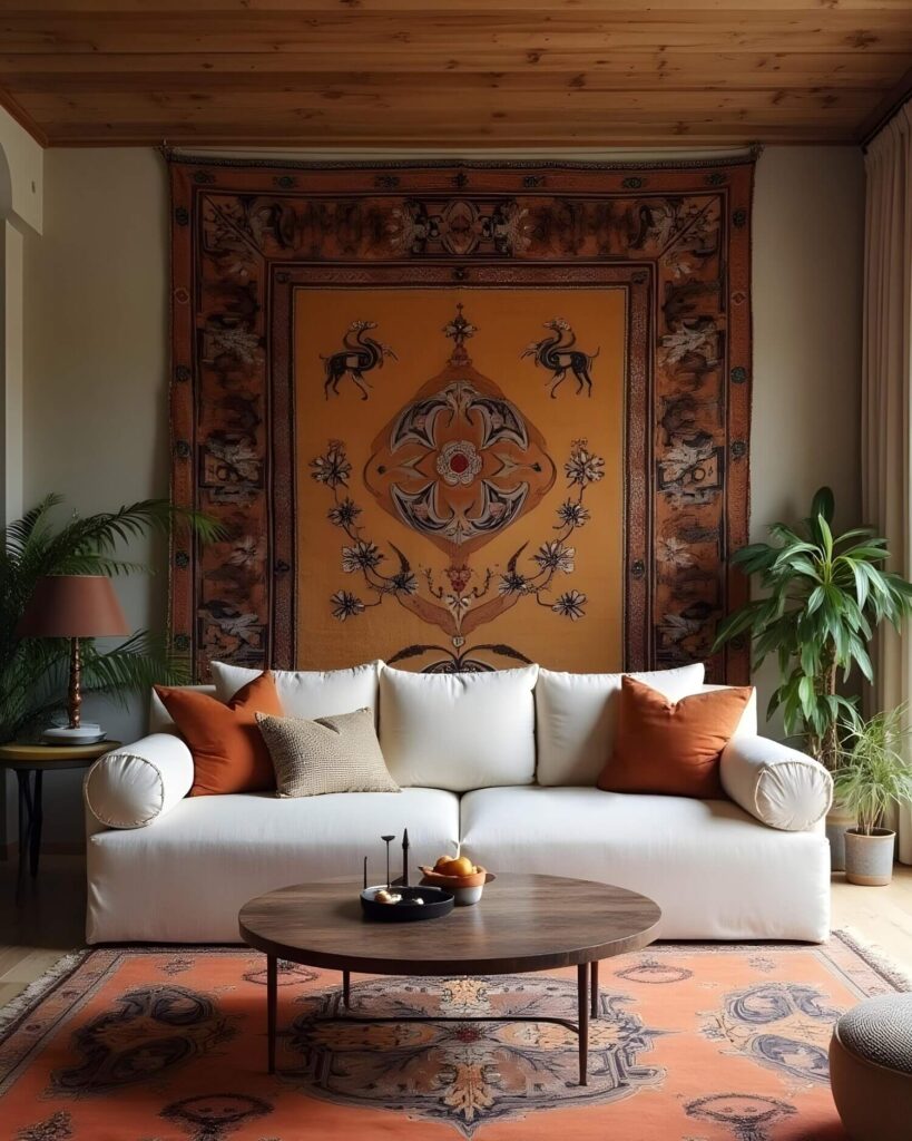 This image showcases an eclectic and warm living room interior with a central focus on a large tapestry adorning the wall for simple living room wall design. The main elements are a white sofa, a round coffee table, and the decorative tapestry that dominates the visual space. The setting suggests a cozy, bohemian-inspired home.