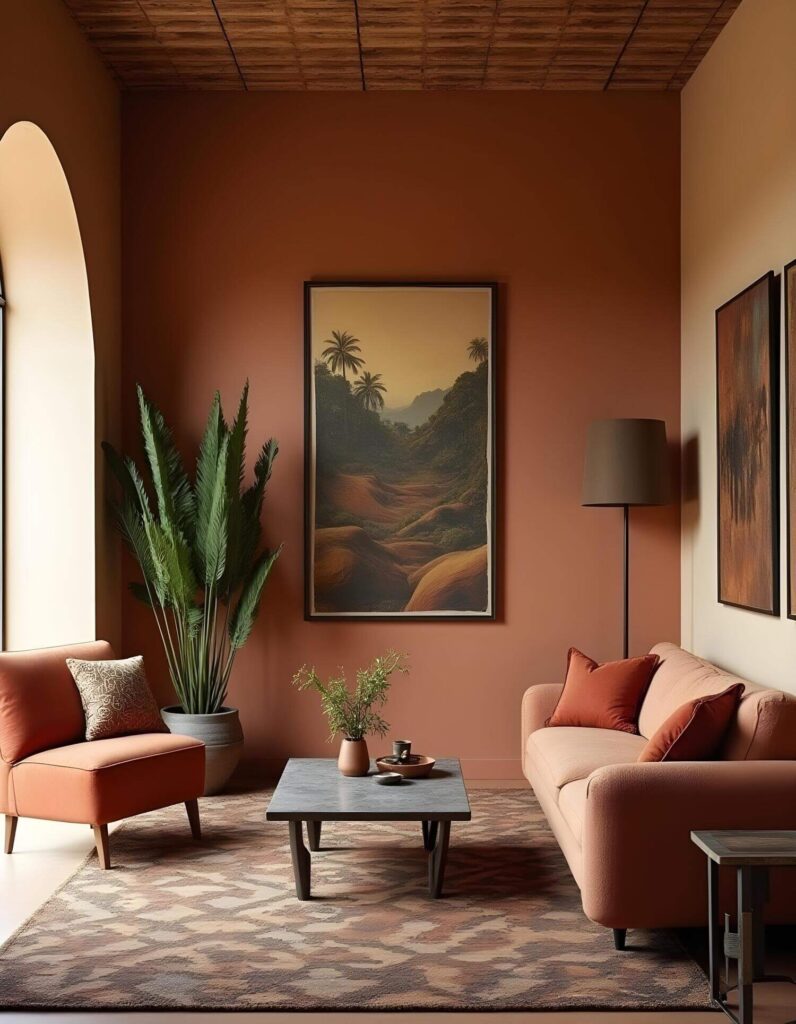 Warm and inviting living room featuring a rich, earthy color palette. The focal point is a large landscape painting displayed on a terracotta-toned wall. Comfortable seating and natural elements create a cozy atmosphere.