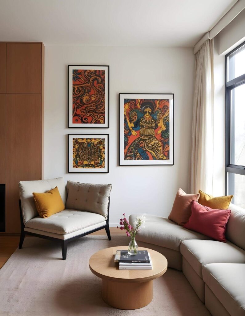 A modern living room with a gallery-style wall arrangement featuring three framed art pieces. A neutral color palette is accented by pops of vibrant colors in the artwork and throw pillows. The space is well-lit and airy with a minimalist aesthetic.