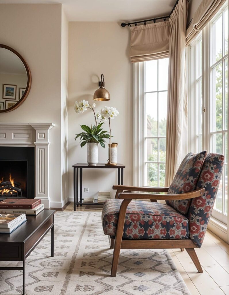 Cozy living room with an armchair upholstered in African print textile, fireplace, and large windows. A table with orchids and books completes the elegant, serene setting.