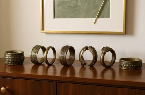 A row of ornate, African bronze bangles with intricate patterns displayed on a wooden cabinet under a framed abstract art piece in a modern, elegant room.
