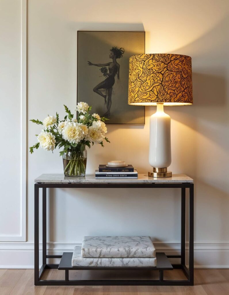 A cozy vignette features a marble-topped console with a vase of white flowers, a stack of books, and a glowing lamp with a lampshade line in gold-yellow print textile. A silhouette painting hangs above.