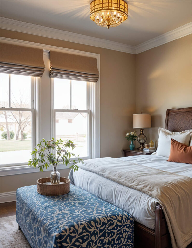 A cozy bedroom with beige walls, featuring a white bed, accent pillows, and a blue ottoman upholstered in shweshwe textile. Soft lighting and a leafy plant add warmth.