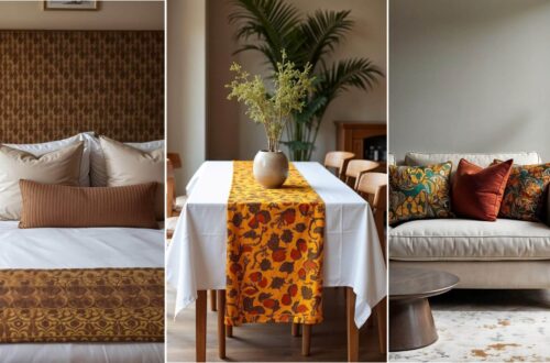 A collage of three cozy interior settings with African print textiles used as decor. Left: A bed with white and brown patterned bedding and pillows. Center: A dining table with an orange floral runner and a vase of greenery. Right: A beige sofa with colorful cushions next to a floor lamp.
