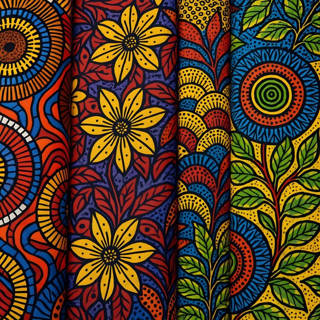 Stunning Ankara, African print textiles, in bright colors: yellow, red, orange, purple, blue, green