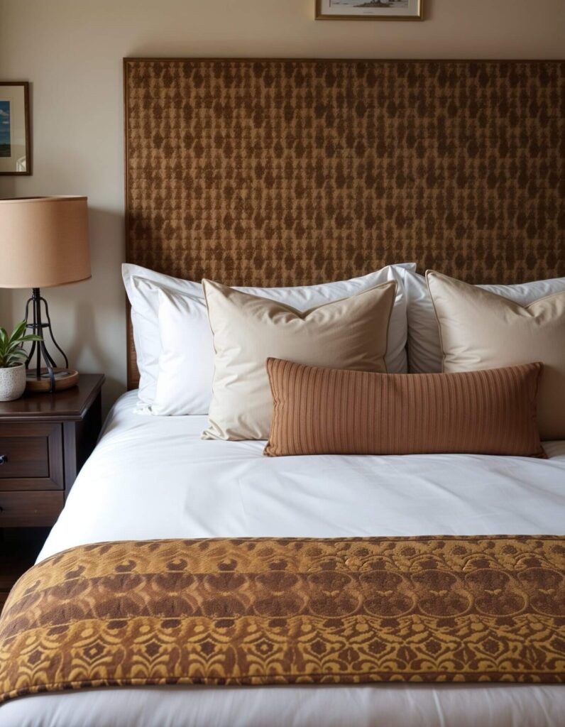 Cozy bedroom with a patterned brown headboard, soft beige pillows, and a rust-colored bolster. A brown throw adds warmth. A bedside lamp and plant enhance comfort.