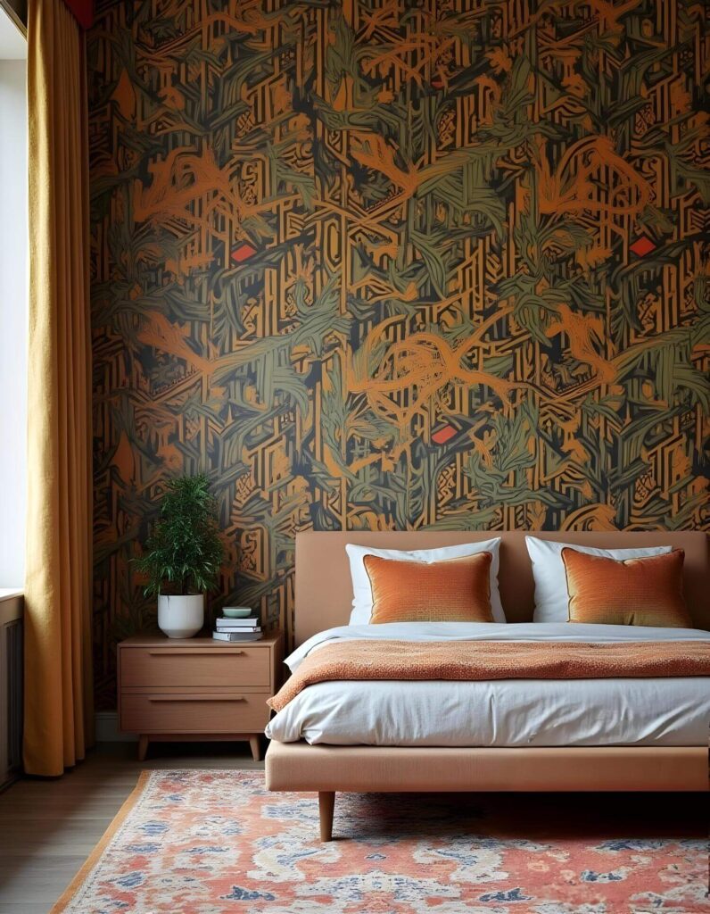 Cozy bedroom with vibrant, intricate patterned wallpaper in earthy tones, a beige bed with orange pillows, and a plush, red patterned rug for a warm ambiance.