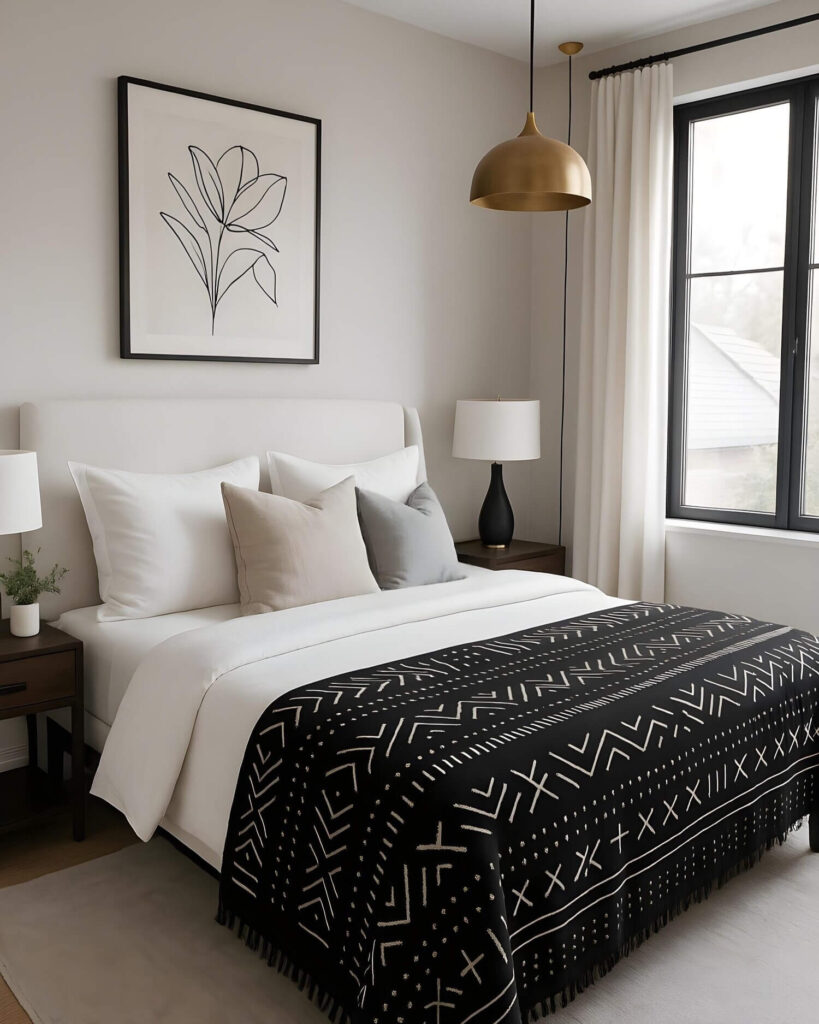 A modern black-and-white bedroom with a golden pendant light and black table lamps on dark wood nightstands. It has white linen and a gorgeous black-and-white mudcloth throw.