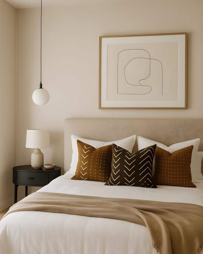 An elegant minimalist bedroom in earthy tones with brown Mud cloth throw pillows