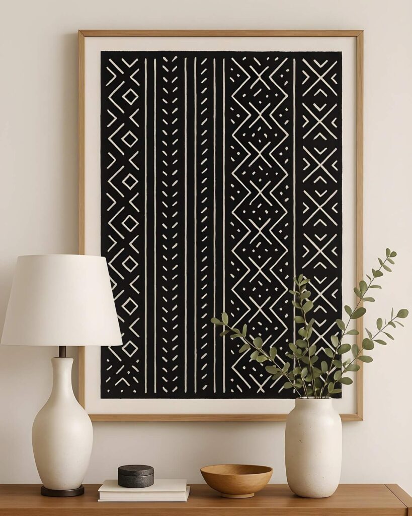 An elegant console table vignette with a white table lamp, a white ceramic vase with plant branches in it, a vintage wooden bowl, and a gorgeous black-and-white framed mud cloth artwork.
