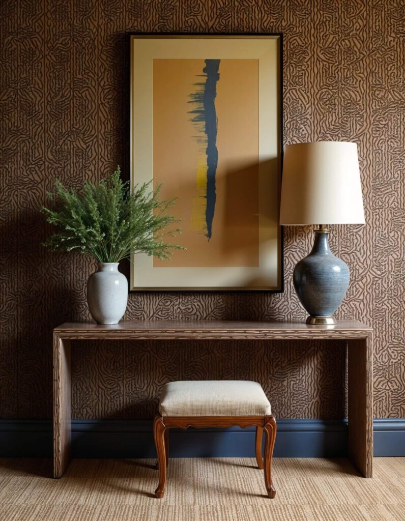 Elegant room with an African wallpaper, a wooden console table holding a vase with green foliage and a lamp. Abstract art hangs above, creating a serene atmosphere.