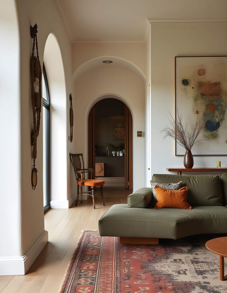 A cozy living room features an olive green sofa with orange and patterned pillows, a vibrant red Moroccan rug, and abstract art. Large windows and archways create a warm ambiance.