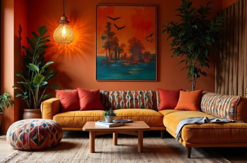 Cozy creative interior: living room with orange walls and a large L-shaped sofa accented by patterned cushions. A vibrant landscape painting and lush plants enhance warmth.