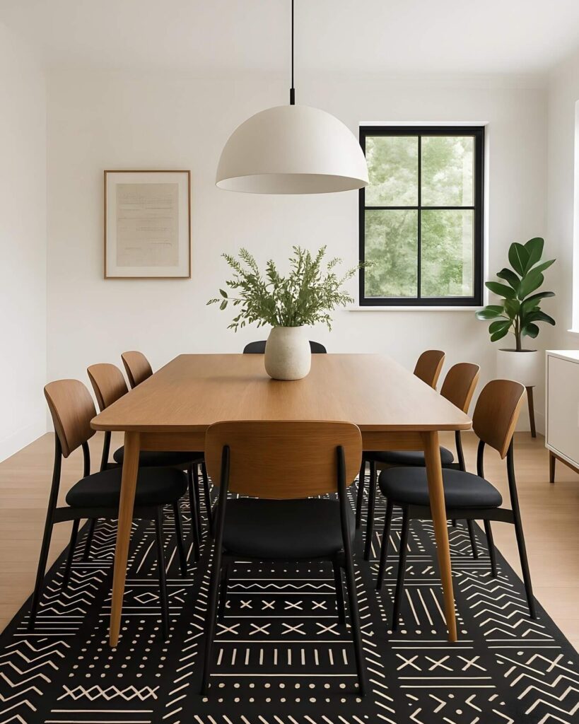 A minimalist dining room with a large wooden table, 8 dining chairs, a white pendant light, and a beautiful black-and-white mudcloth rug.