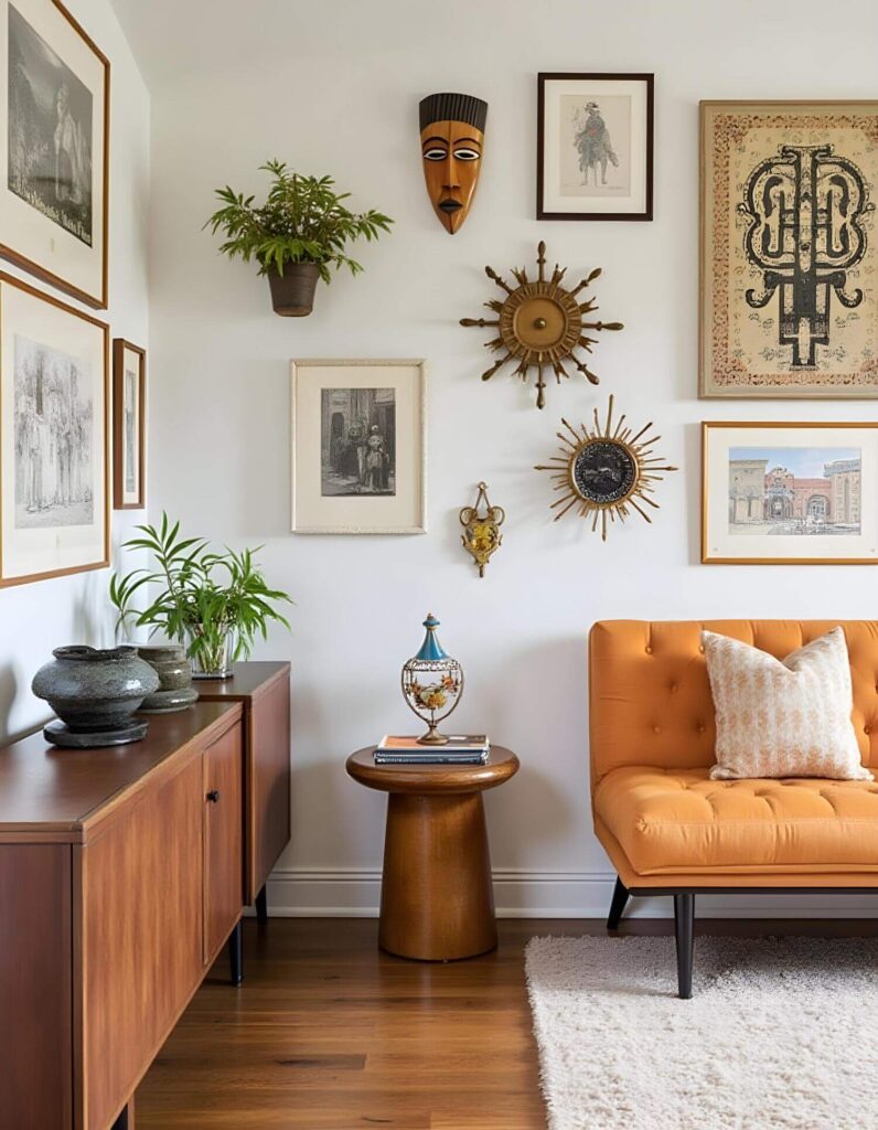 Cozy living room with a mid-century vibe. Orange tufted sofa, geometric pillow, wooden side table, plants, and a creative art mix on white walls that convey warmth and style.