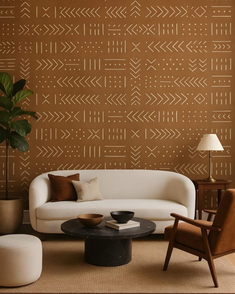 A chic seating area with a cream couch that has two earthy throw pillows on it, a tall plant on its left and a side table on its right with a table lamp on it, and behind it is an eye-catching accent wall with earthy mudcloth wallpaper. The room also has a stunning black marble table with a decorative table book and vintage bowls on it, as well as a cream ottoman and a brown accent chair.
