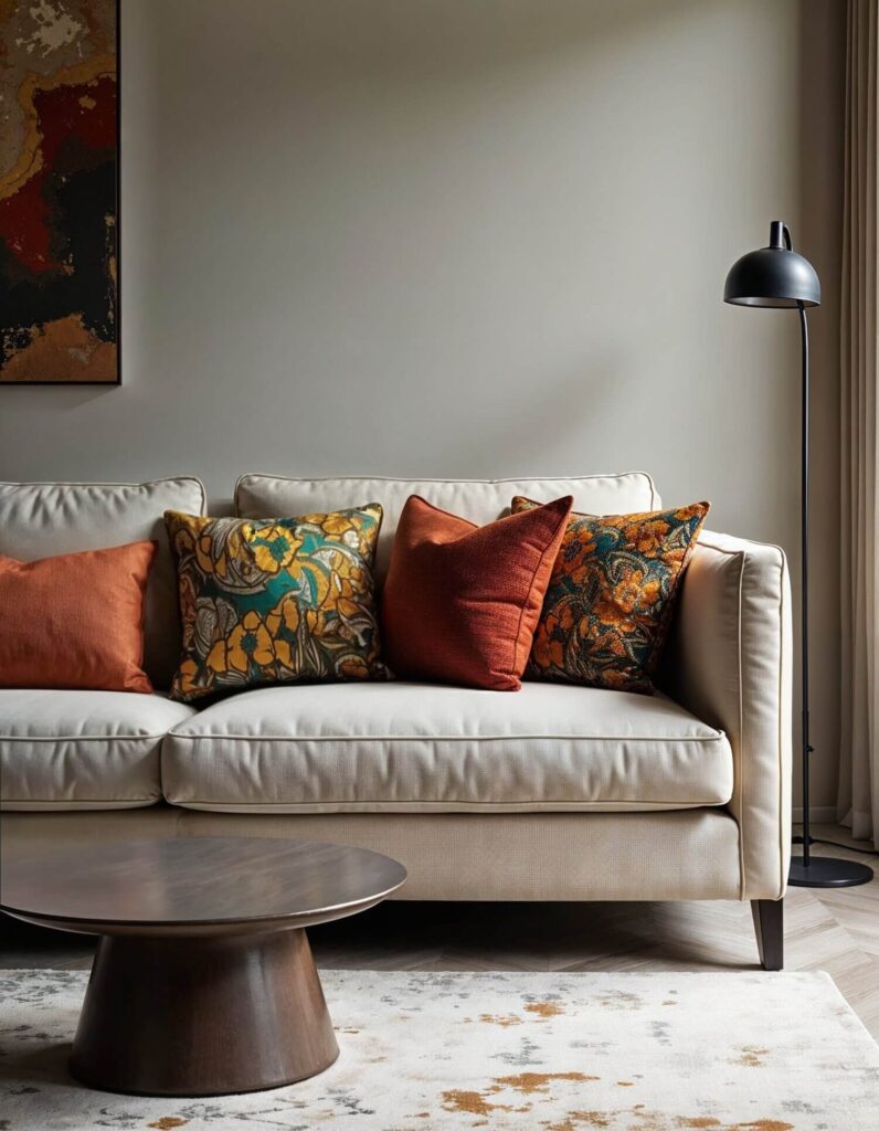 A cozy living room features a beige sofa adorned with vibrant orange and cushions in different African print textiles. A sleek black floor lamp stands beside it, with a round wooden coffee table in front. The atmosphere is warm and inviting.