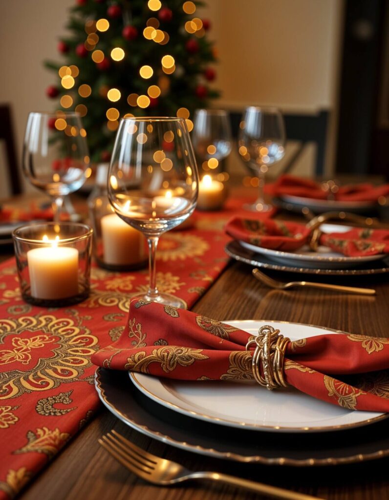 Elegant holiday table setting with red and gold-patterned napkins, wine glasses, and lit candles. Blurred Christmas tree lights in the background.