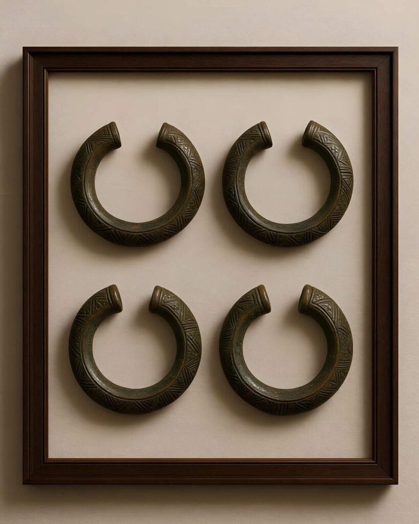 Four intricately patterned bronze bangles are arranged symmetrically in a dark wooden frame against a beige background, conveying a sense of balance and artistry.