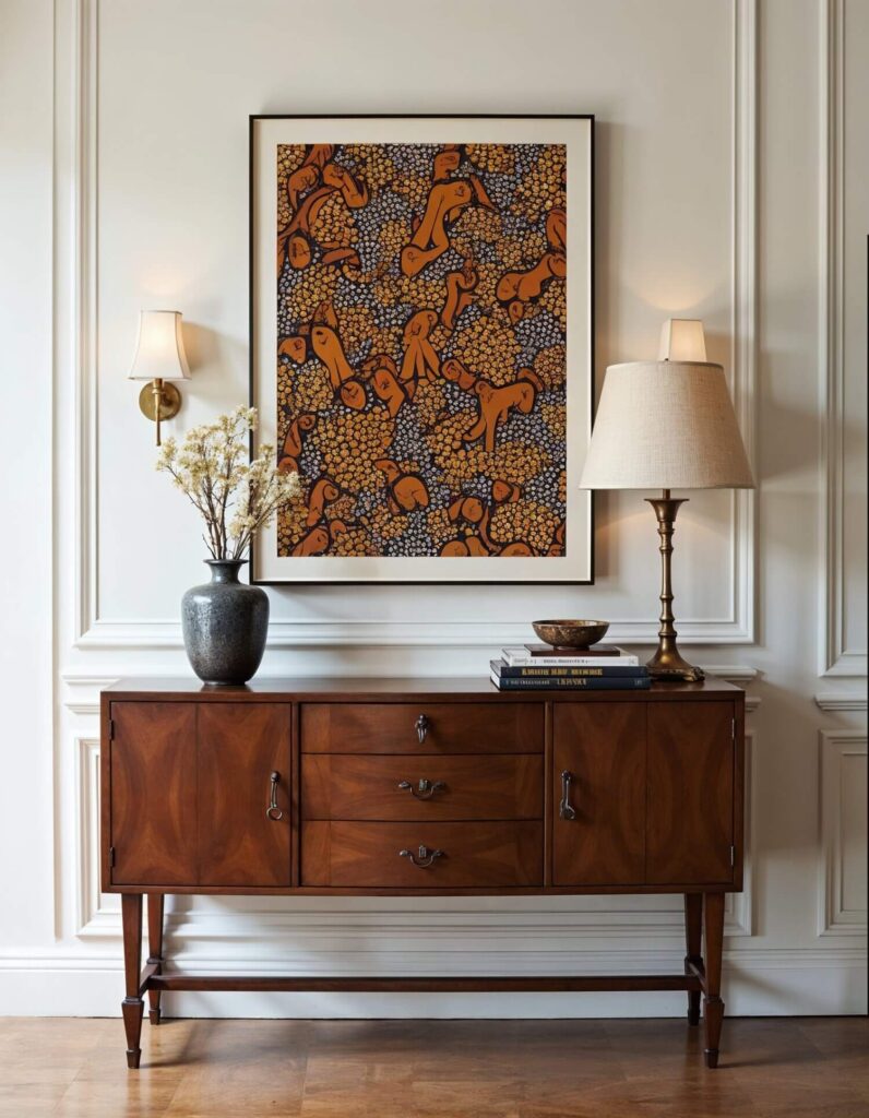 Classic wooden sideboard with a dark vase and lamp, and a framed African print artwork. Warm, elegant tones create a sophisticated, cozy atmosphere.