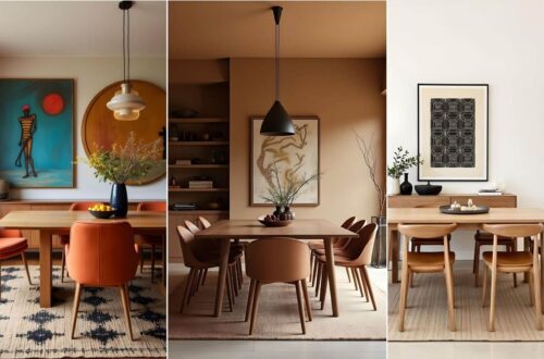 Three contemporary African dining room examples with wooden tables and chairs. Each room features unique artwork, pendant lighting, and subtle plant decor, creating an elegant ambiance.