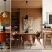 Three contemporary African dining room examples with wooden tables and chairs. Each room features unique artwork, pendant lighting, and subtle plant decor, creating an elegant ambiance.